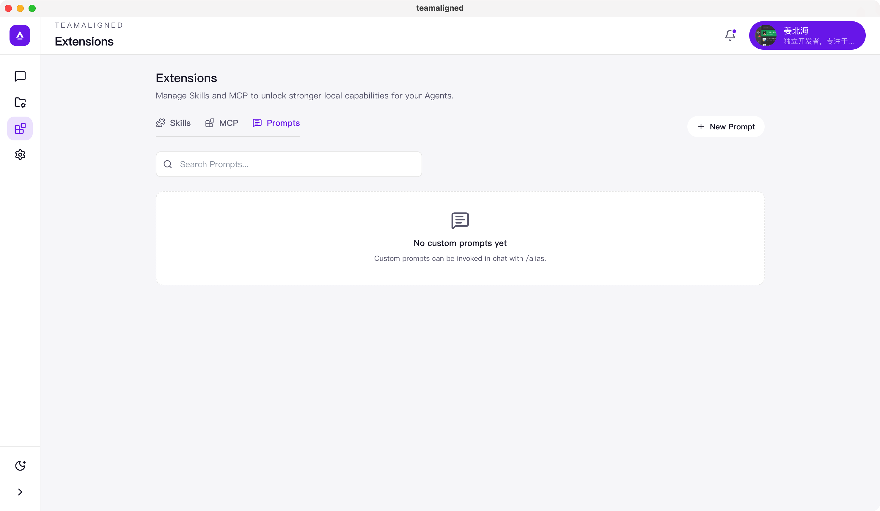 TeamAligned English Extensions page for Skills and MCP